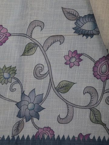 Charcoal Grey Kalamkari Inspired Floral Printed Cotton Saree - Diadem