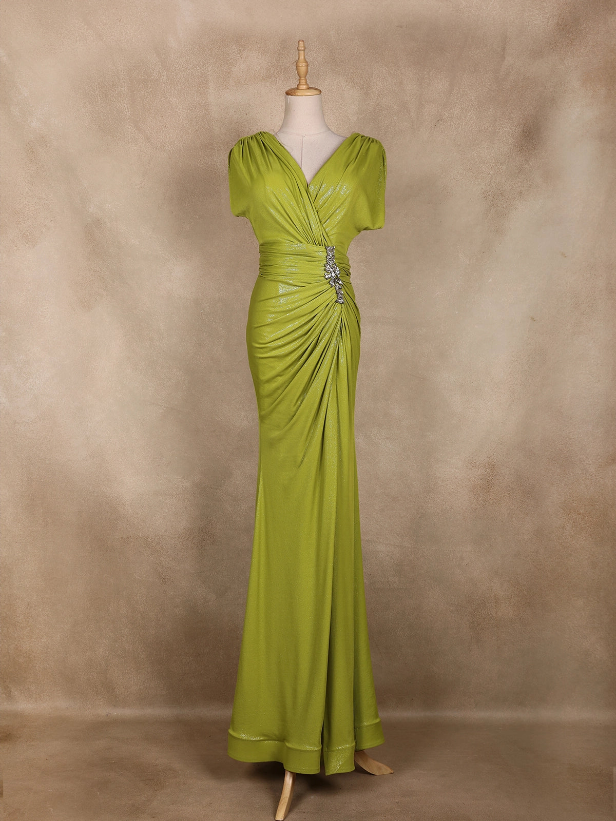 Chartreuse Green Shimmer Draped High Slit Mermaid Gown | Diadem Chartreuse Green Shimmer Draped High Slit Mermaid Gown | Diadem