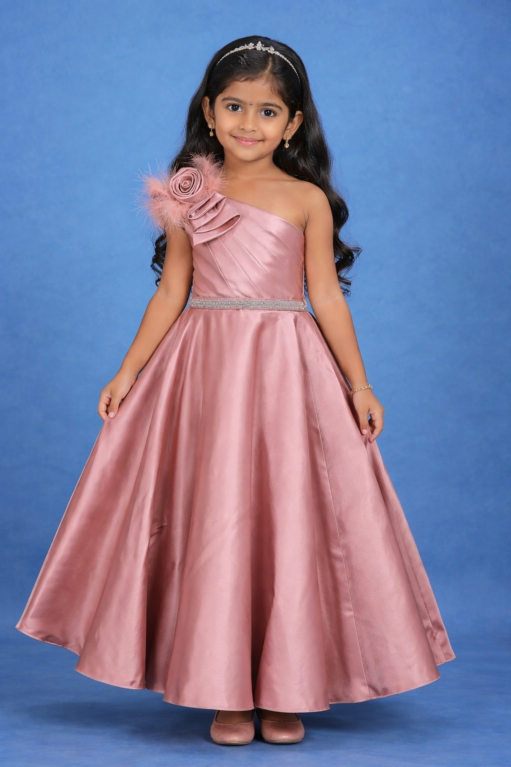 strapless open back dress Dusty Rose One-Shoulder Floral Satin Kids Gown With Feather Detail