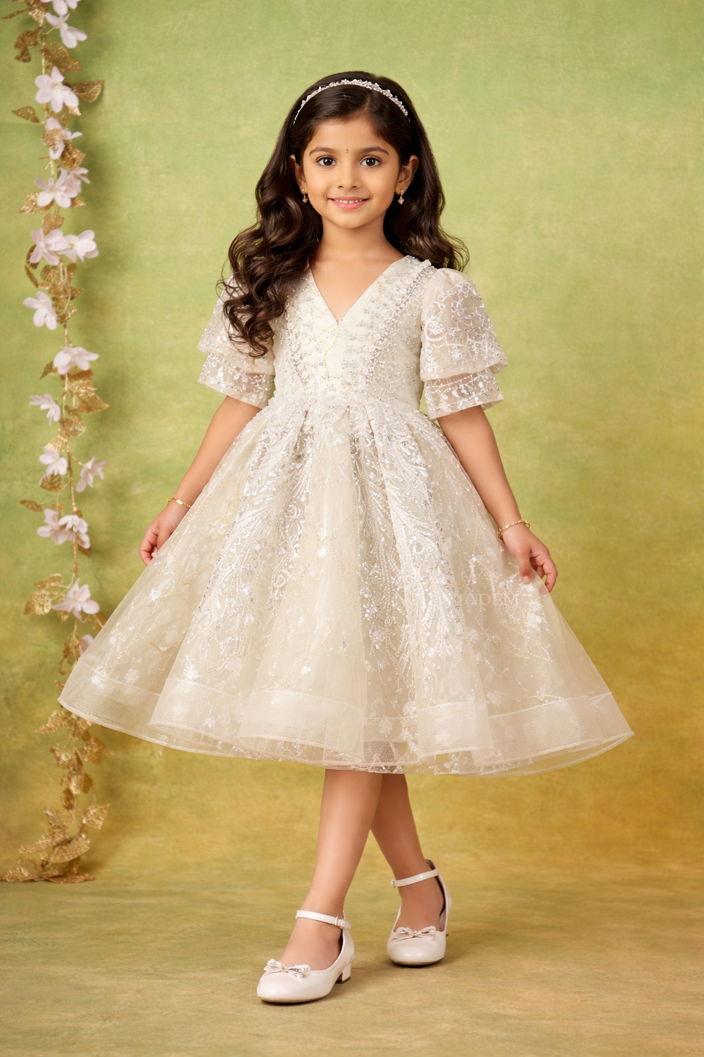 Pista Green Net Gown Adorned With Floral Designs and Puff Sleeves | Diadem Pista Green Net Gown Adorned With Floral Designs and Puff Sleeves | Diadem