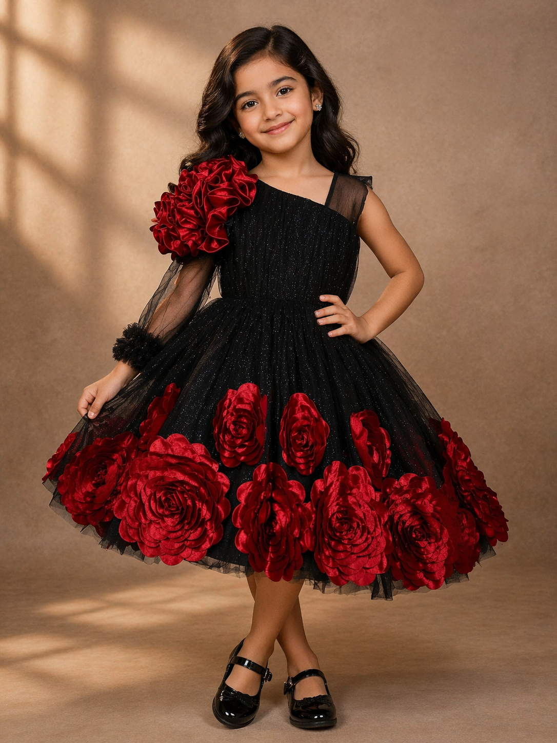 Navy Blue Net Gown Embellished with 3D Flowers and One-Side Ruffle Sleeves  | Diadem