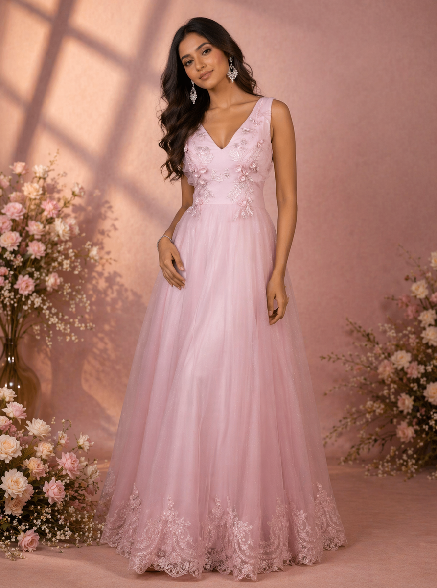 Baby Pink Net Floral Designed Bridesmaid Gown