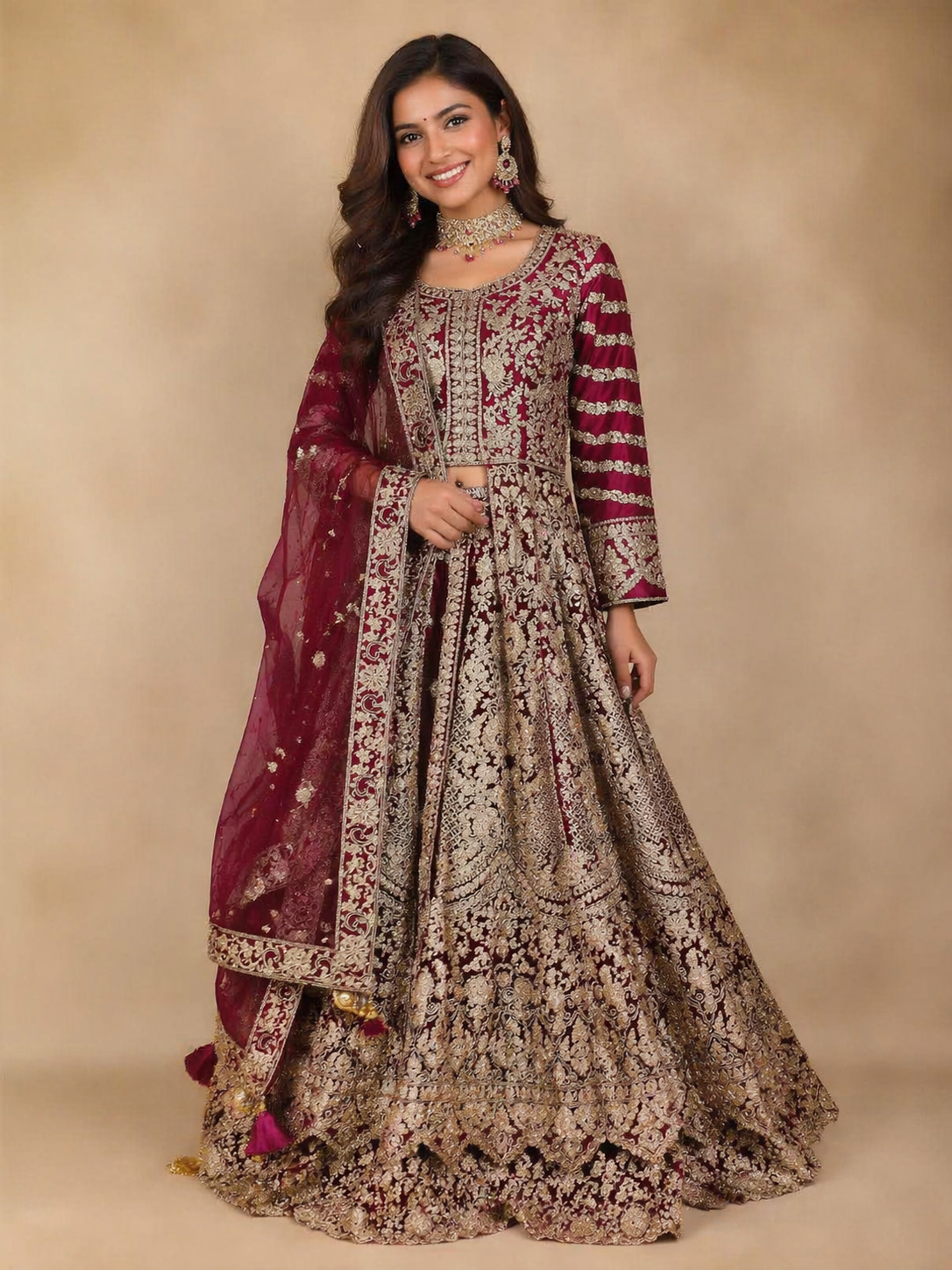 Diadem Women Maroon Net Lehenga Choli Heavy Embroidered Sequin Bridal Wedding Wear | Diadem Diadem Women Maroon Net Lehenga Choli Heavy Embroidered Sequin Bridal Wedding Wear | Diadem