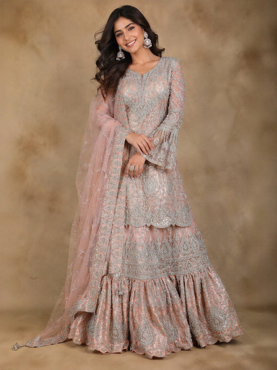 open lace back dress Diadem Women Peach Net Sharara Suit Heavy Embroidered Sequin Festive  Wedding Wear