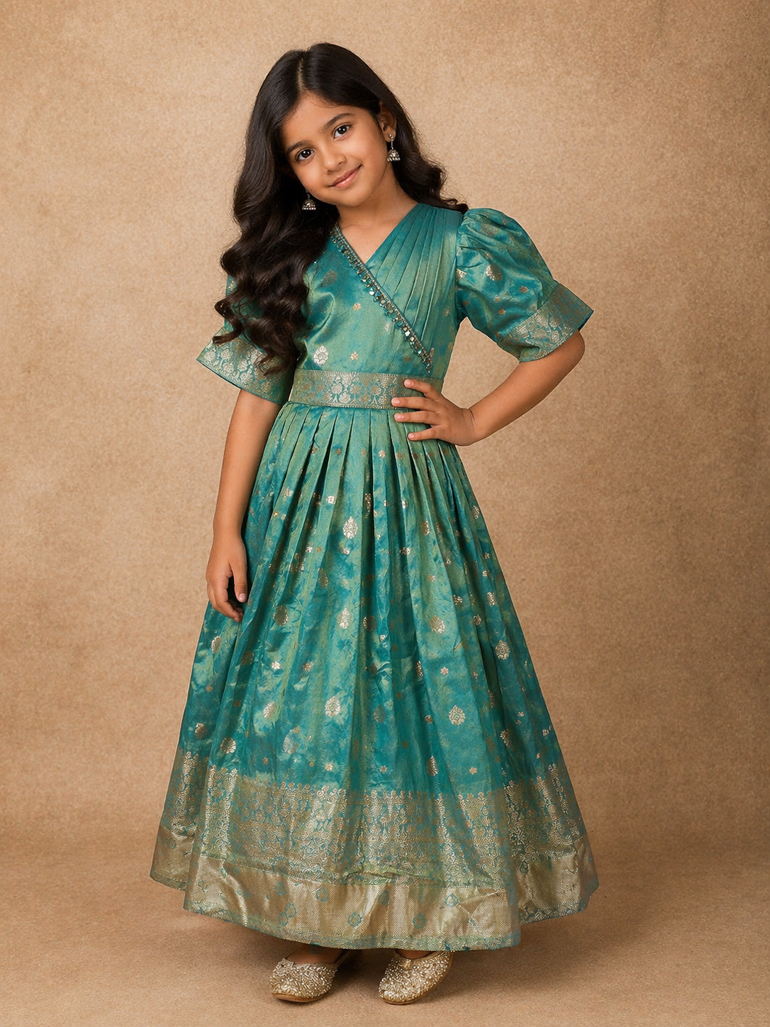 Teal Green Gold Butta Woven Design Banarasi Party Wear Kids Gown