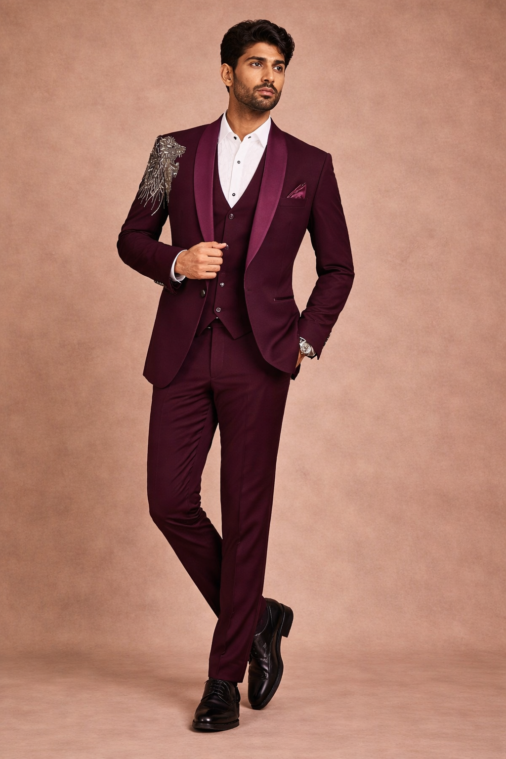 Dark Red Coat Suit Set with Lion Embroidery Designs