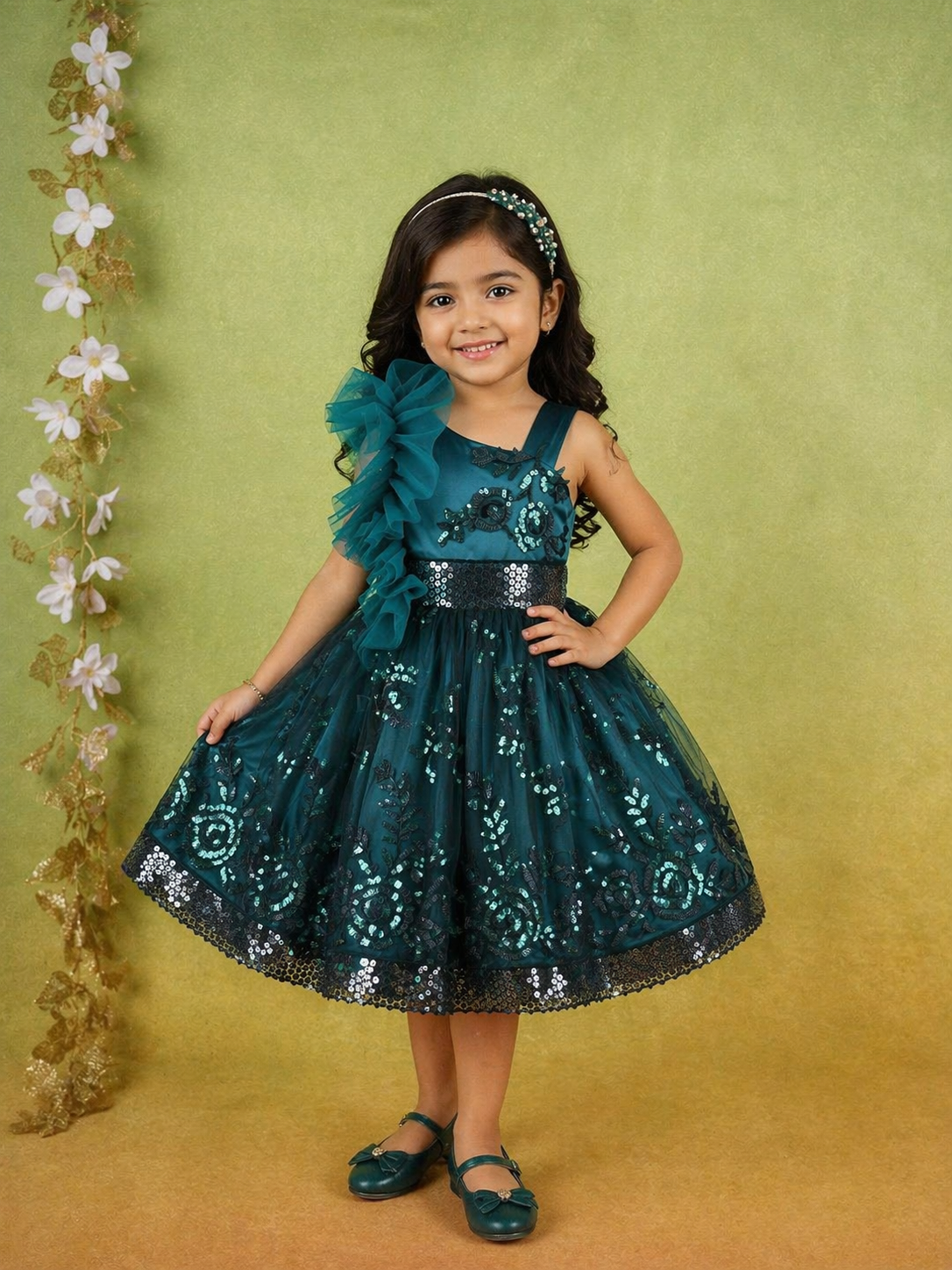 Green Net Layered Gown Adorned With Ruffles And Sequins