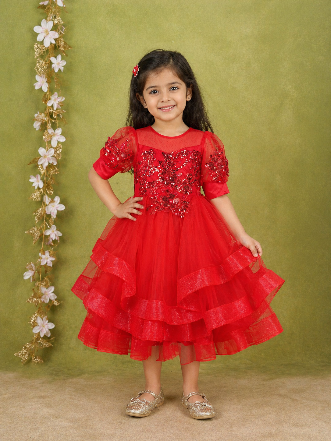 Bright Red Net Layered Gown Adorned With 3D Flowers And Sequins