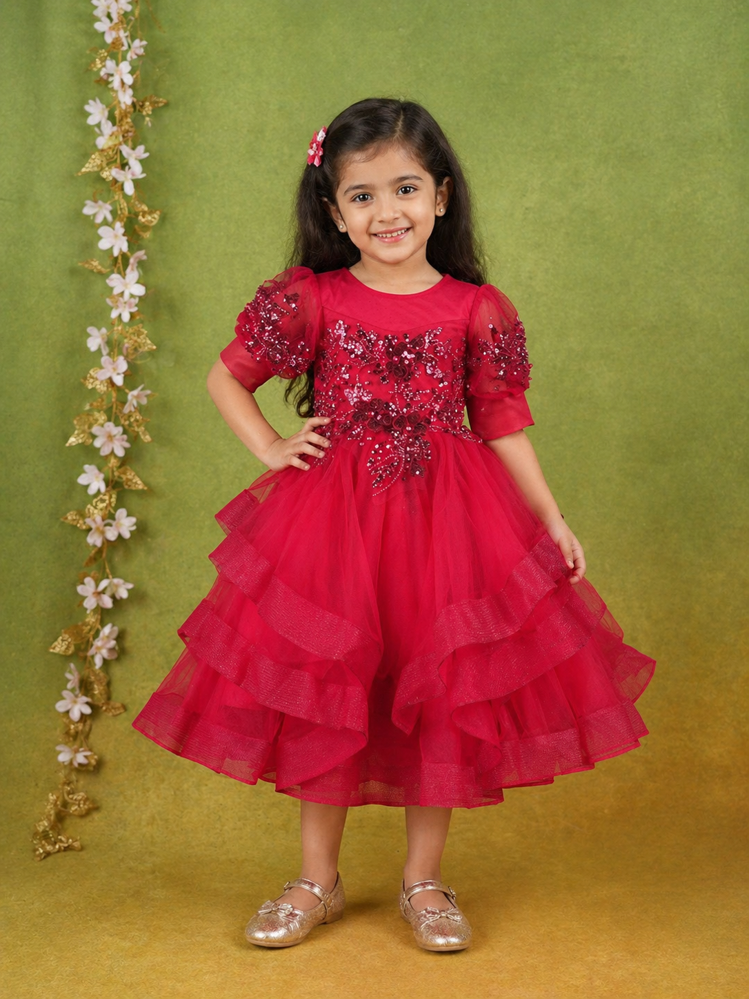 Dark Red Net Layered Gown Adorned With 3D Flowers and Sequins and Puff  Sleeves