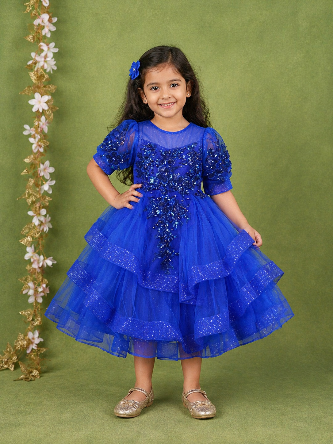 Royal Blue Net Layered Gown Adorned With 3D Flowers and Sequins
