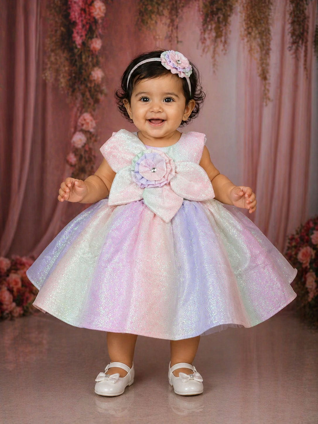 strapless open back dress Multicolor Flared Design Organza Party Frock With Oversized Floral Bow