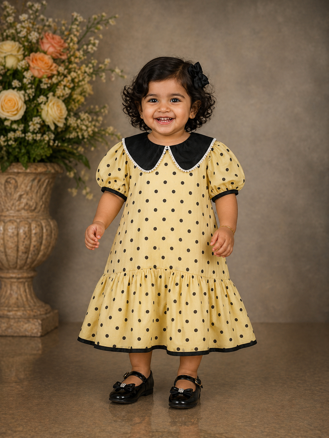 Light Yellow Organza Frock Adorned with Polka Dot Print
