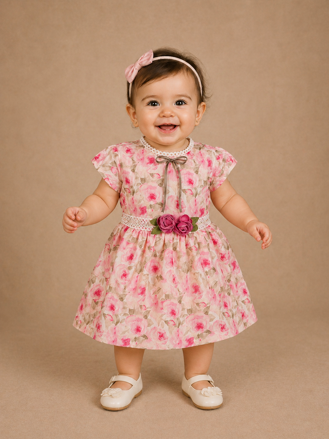 Pink Cotton Frock Adorned with Floral Designs and Bow for Girls | Diadem Pink Cotton Frock Adorned with Floral Designs and Bow for Girls | Diadem