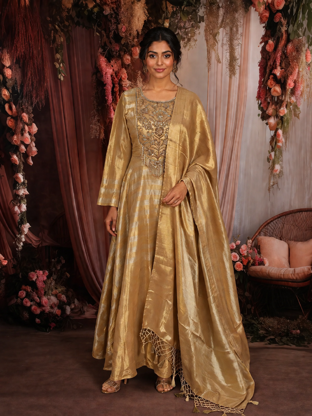 dsw gold dress sandals Antique Gold Embellished Anarkali Gown Copper Gold / M main image 0
