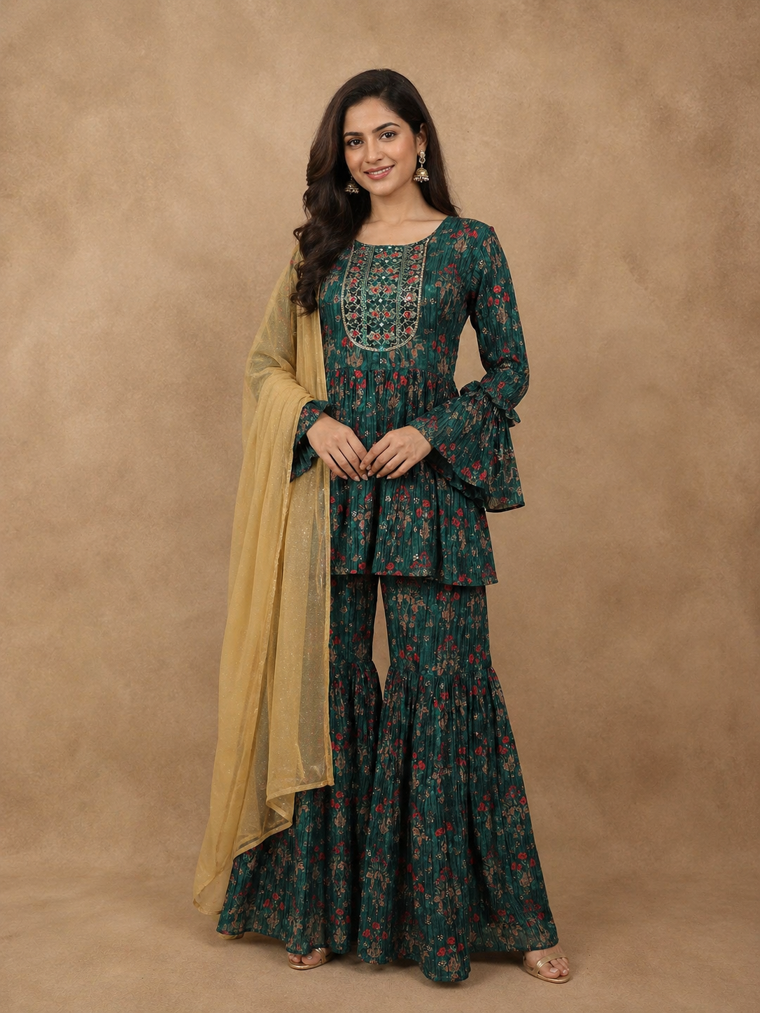 Dark Green Georgette Sharara Suit with Floral Prints, Paired with Dupatta | Diadem Dark Green Georgette Sharara Suit with Floral Prints, Paired with Dupatta | Diadem