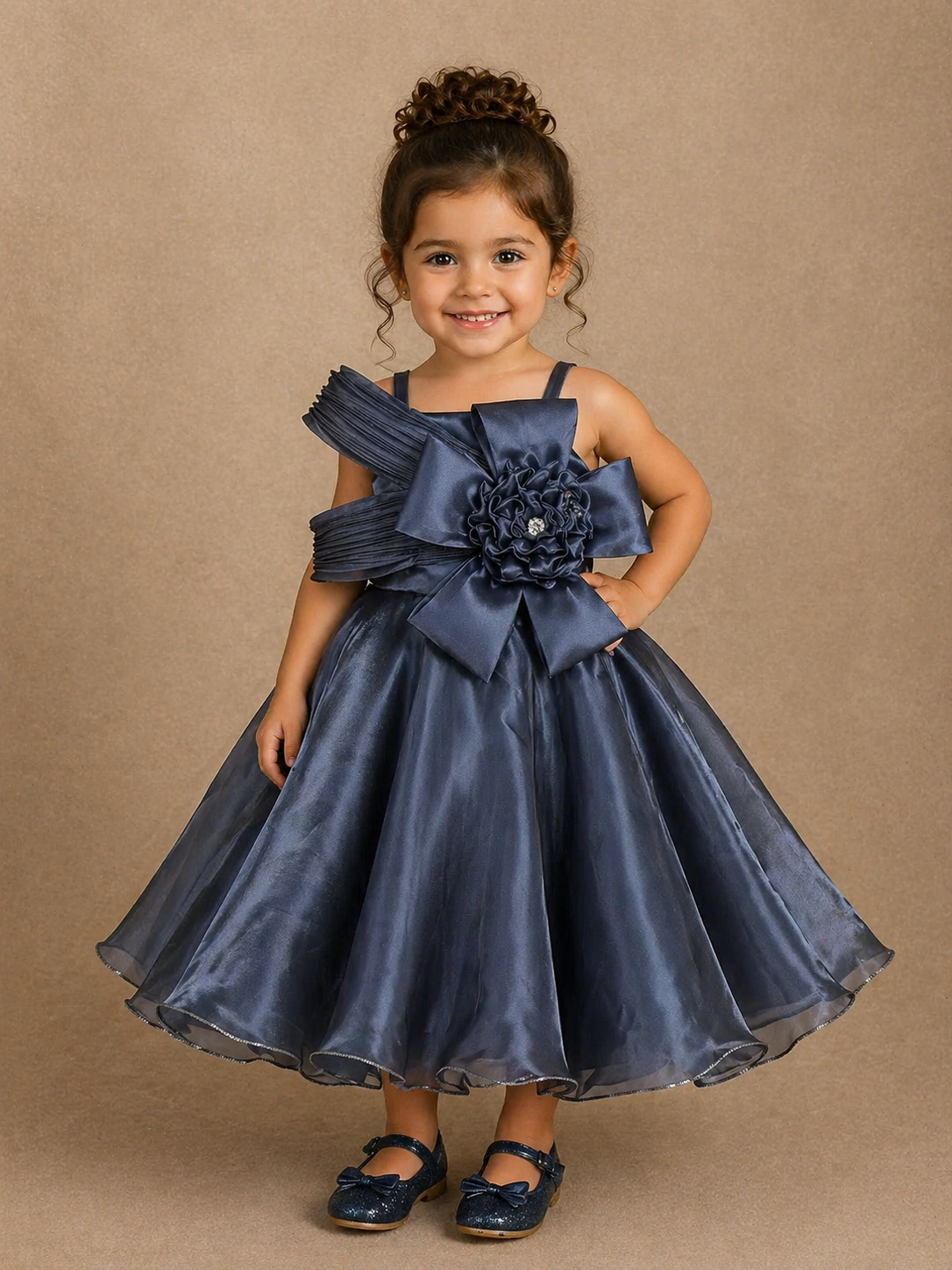 Navy Blue Satin Oversized 3D Flower Party Frock for Girls