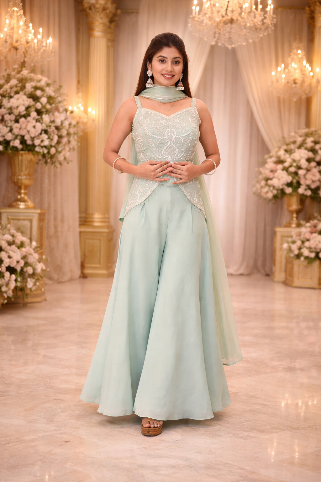 open lace back dress Blue Sequin and Bead Embroidered Organza Peplum Palazzo Suit with Dupatta