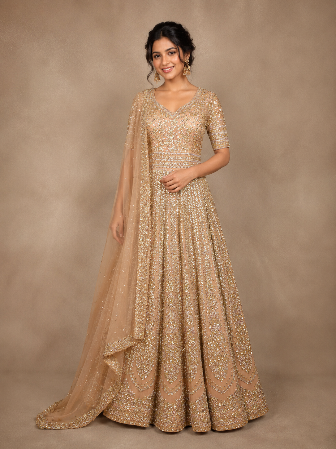 Light Brown Sequined Bridal Reception Gown & Dupatta