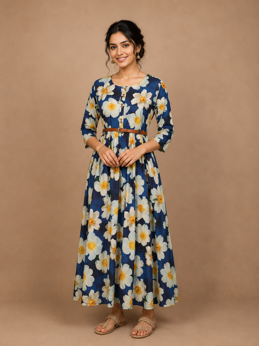 Navy Blue Cotton Maxi Dress for Girls Adorned with Floral Prints and Waist  Belt