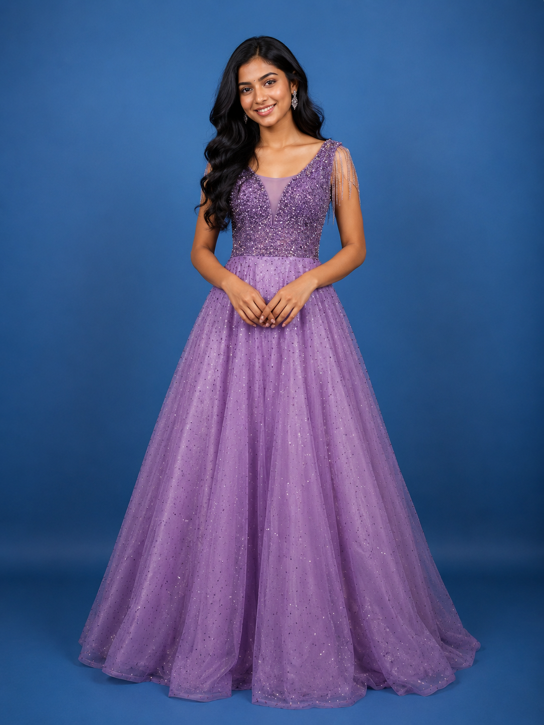 Purple Beaded Net Gown with Deep Neck