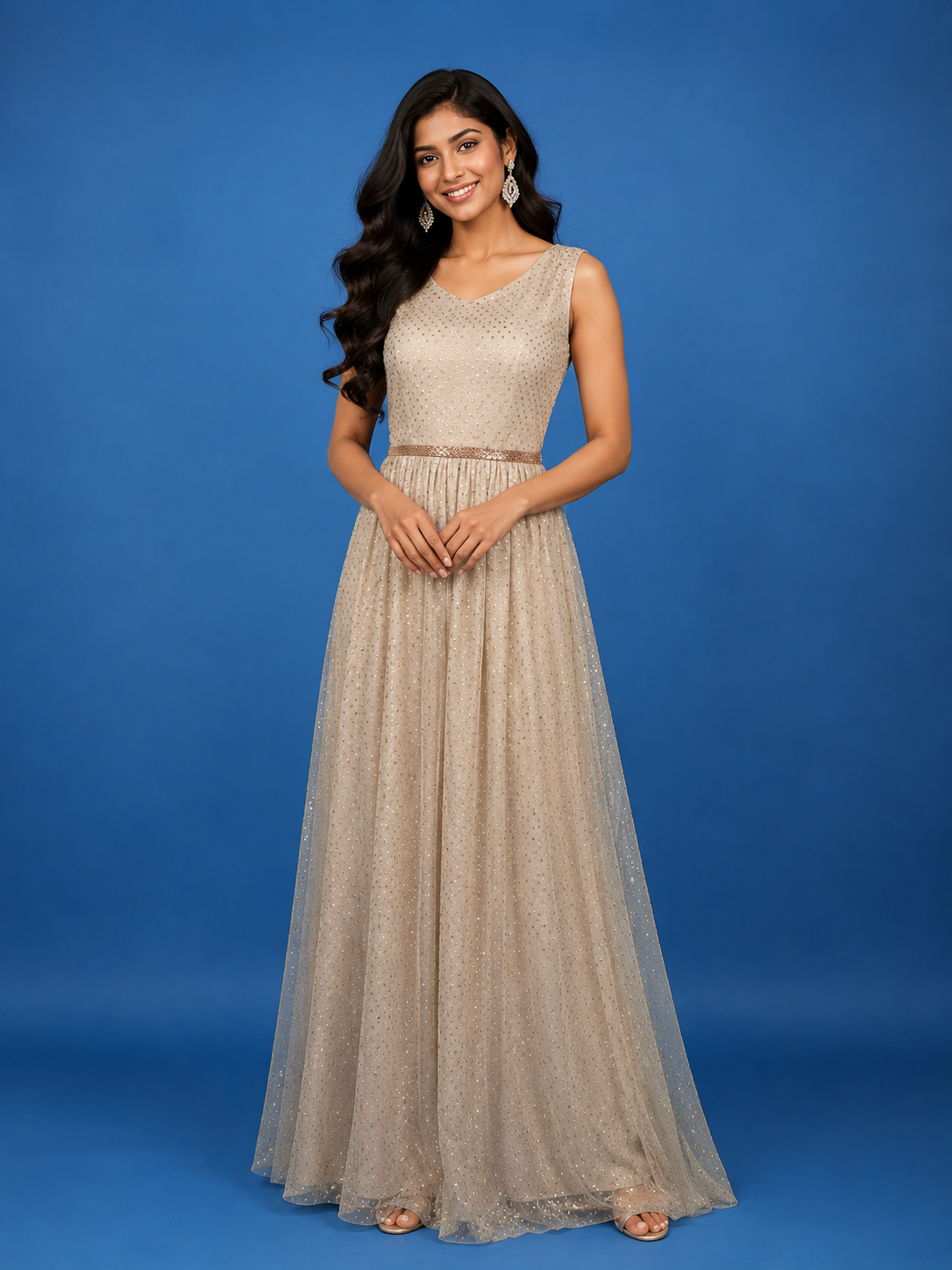 cream gold sequin dress Cream Sleeveless Netted Gown With Sequin Embellishments And Waist Belt
