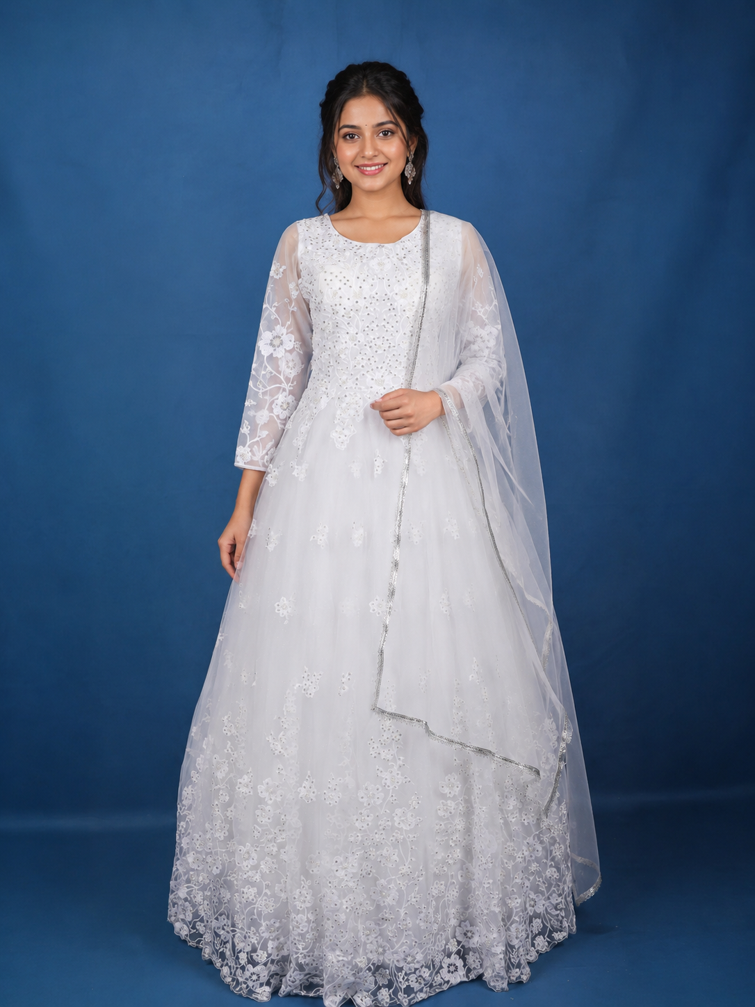 White Floral Embroidered Design Net Gown