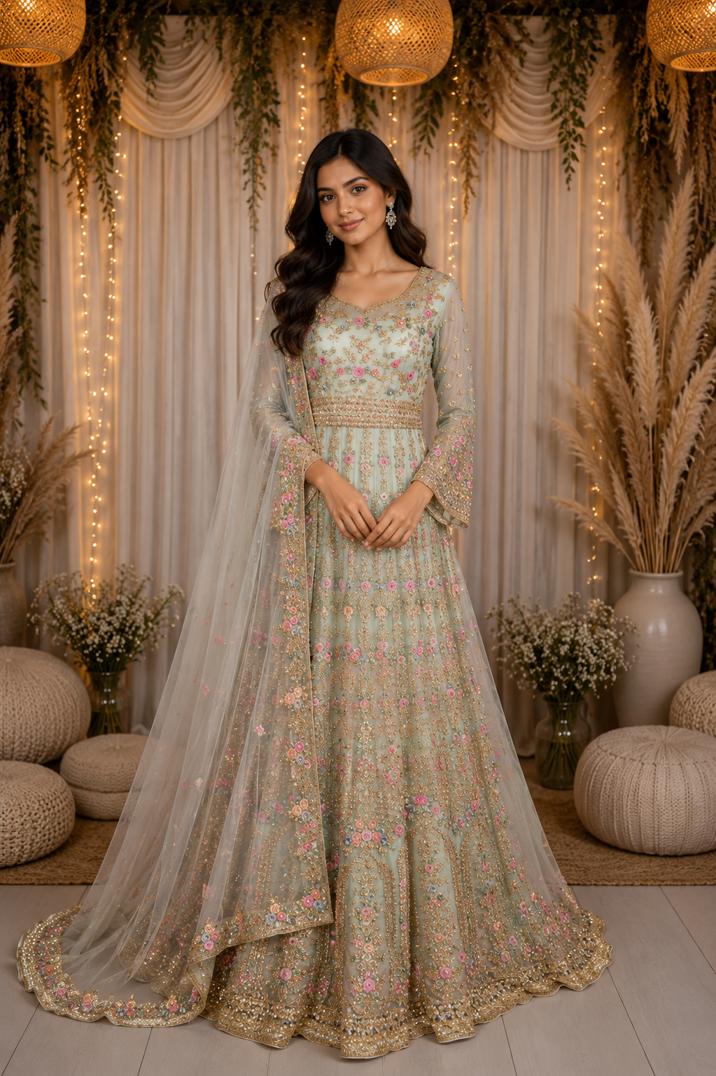 Pale Green Engagement Gown with Floral Embroidery Design and Net Dupatta