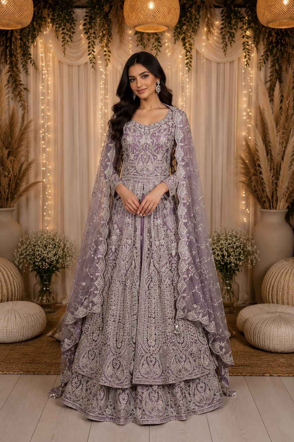 Lavender Net Layered Bridal Engagement Gown for Women Floral and Mirror Embroidery | Diadem Lavender Net Layered Bridal Engagement Gown for Women Floral and Mirror Embroidery | Diadem