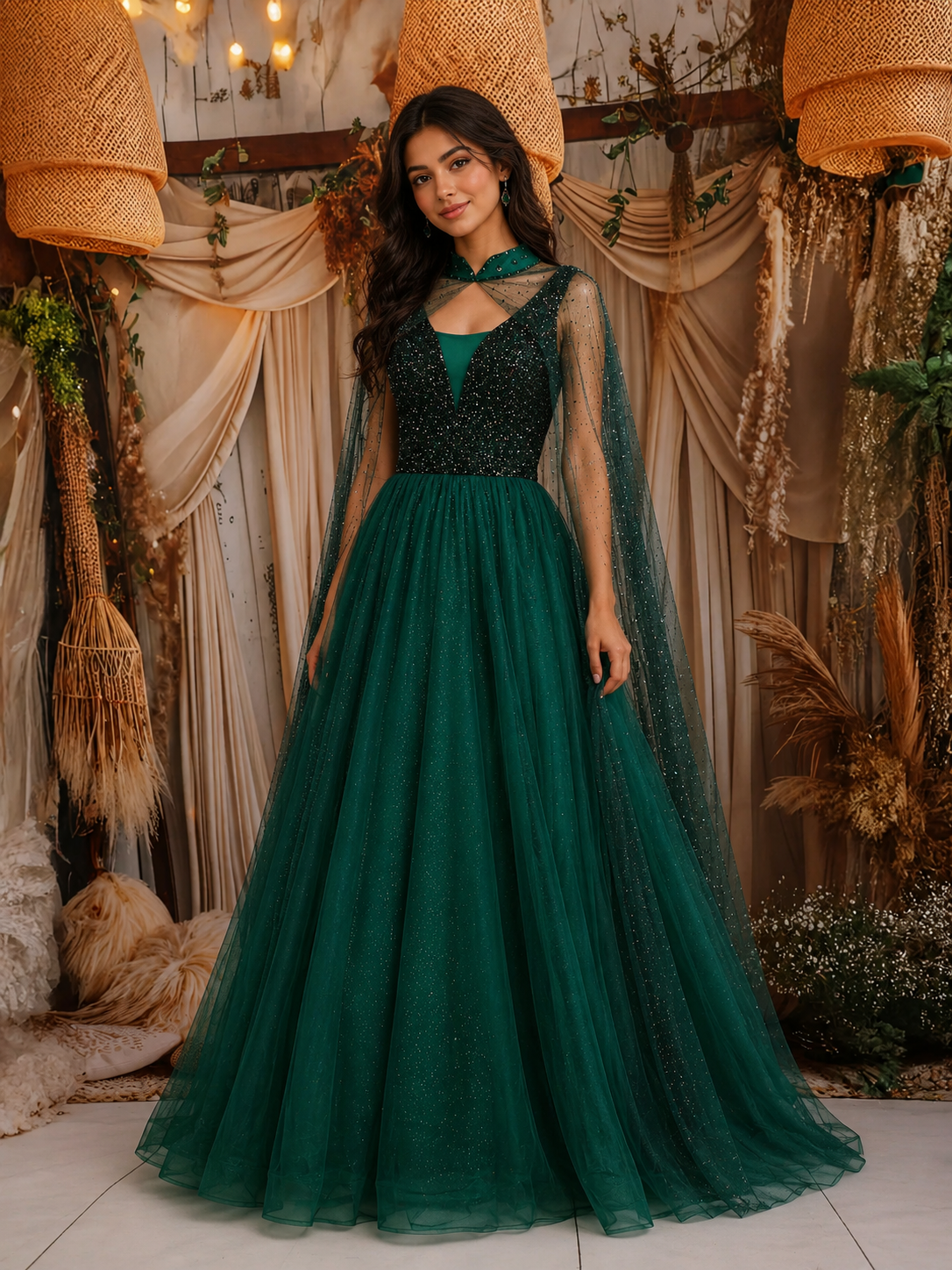 Emerald Green Sequins Embroidered Design Net Gown With Sheer Cape Sleeves | Diadem Emerald Green Sequins Embroidered Design Net Gown With Sheer Cape Sleeves | Diadem