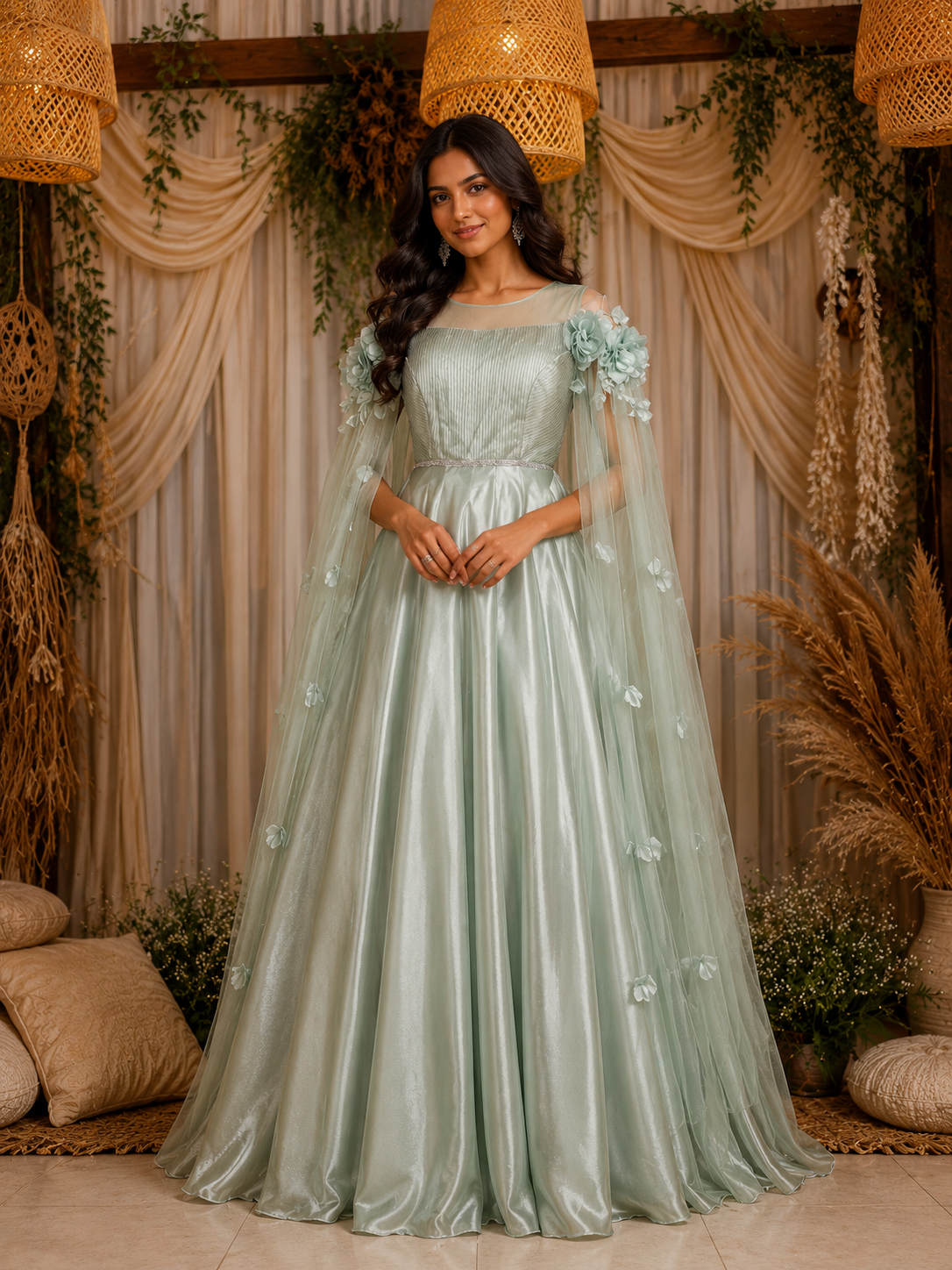 Green 3D Floral Designed Organza Party Gown | Diadem