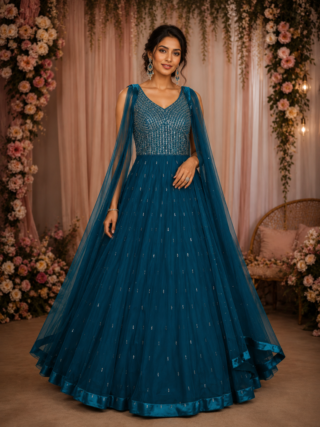 Peacock Blue Heavy Sequins Embroidered Net Gown with Dupatta | Diadem
