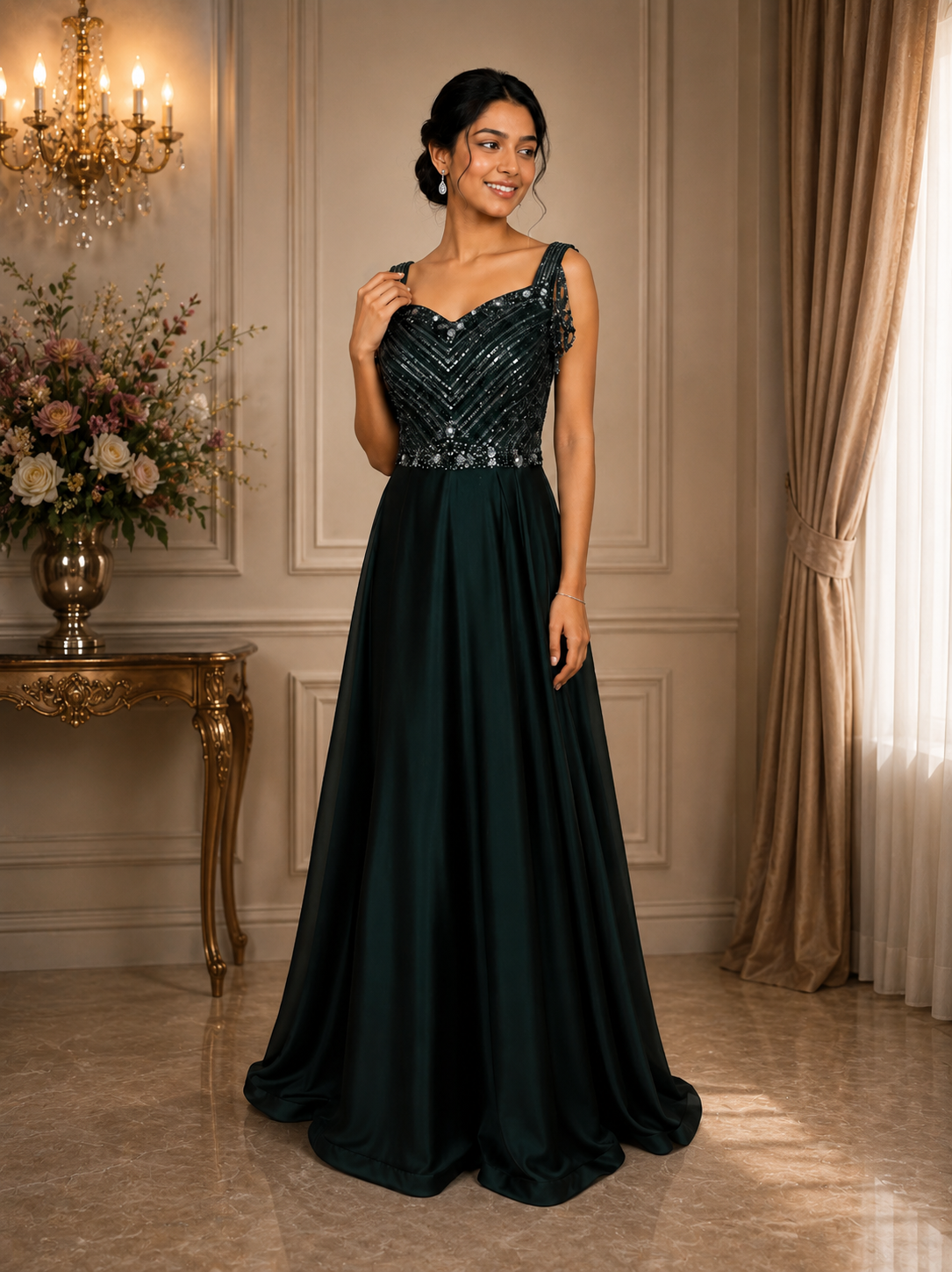 Bottle Green Heavy Sequins Embroidered Design Satin Partywear Gown | Diadem