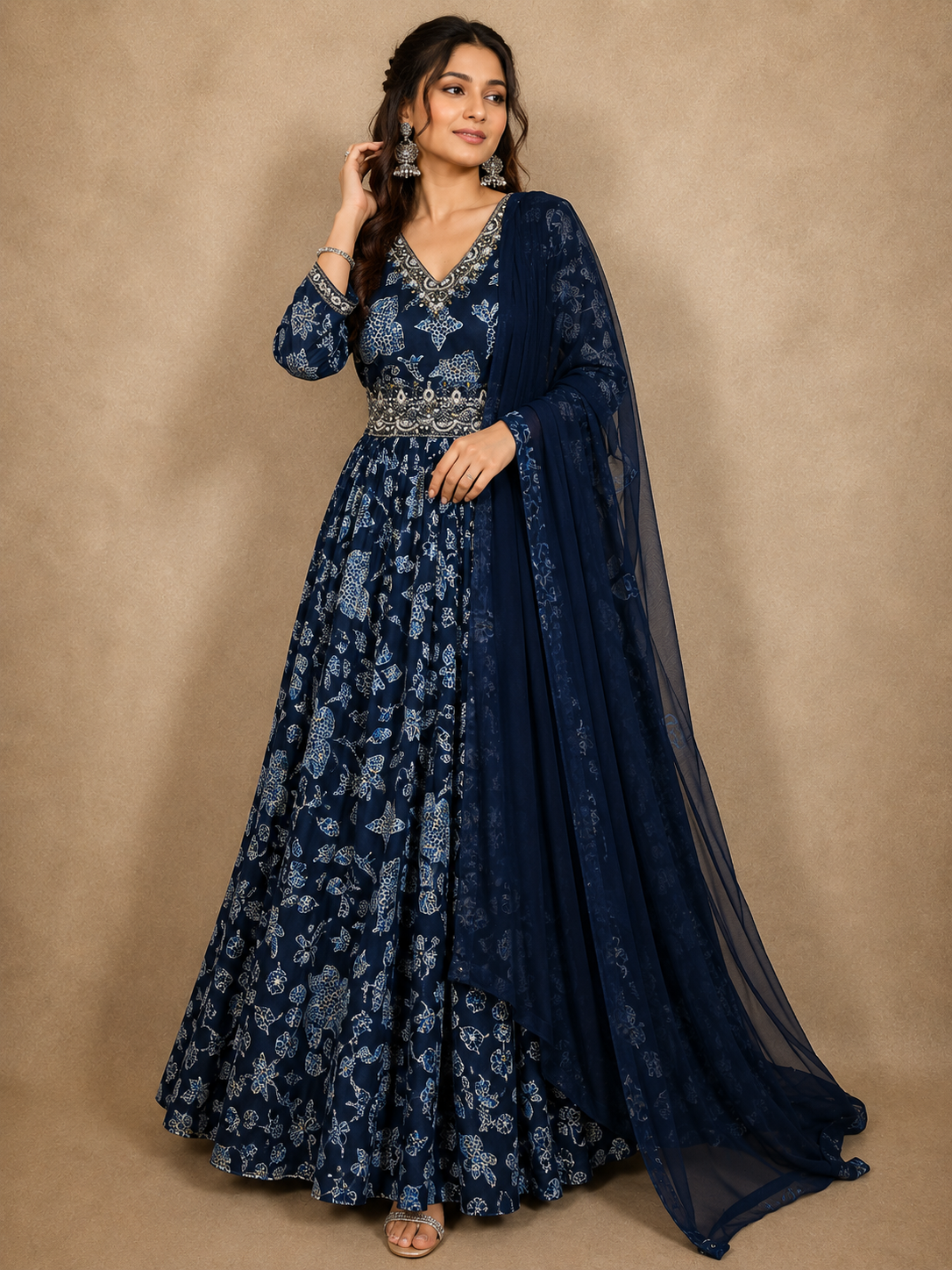 Deep Navy Blue Abstract Printed Design Georgette Anarkali Gown with Dupatta 