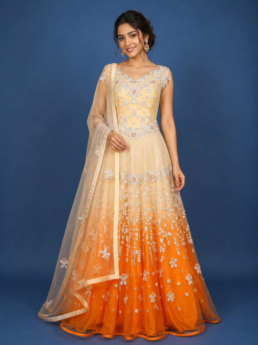Orange Net Ombre Gown with Floral Threadwork Embroidery | Diadem