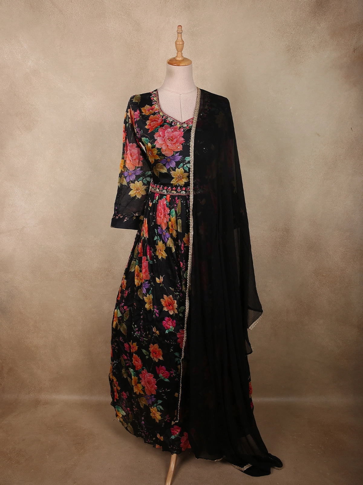 Classic Black Floral Printed Design Georgette Anarkali Gown with Dupatta |  Diadem