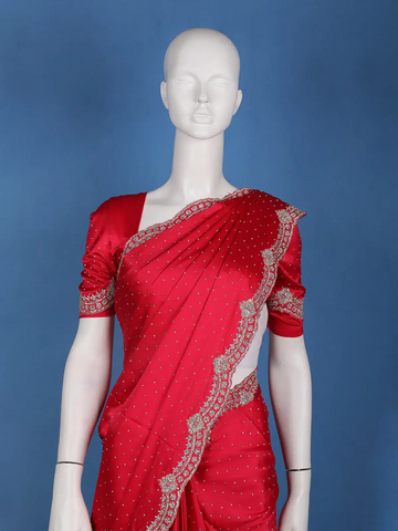 Classic Bridal Red Stone Embellishment Satin Saree - Diadem