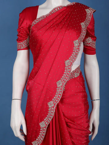 Classic Bridal Red Stone Embellishment Satin Saree - Diadem