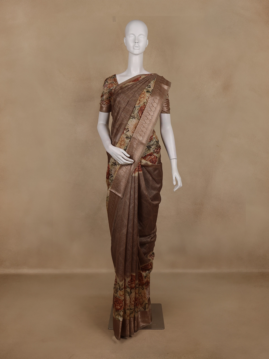 Coffee Tussar Silk Saree with Ethnic Motifs and Contrast Pallu
