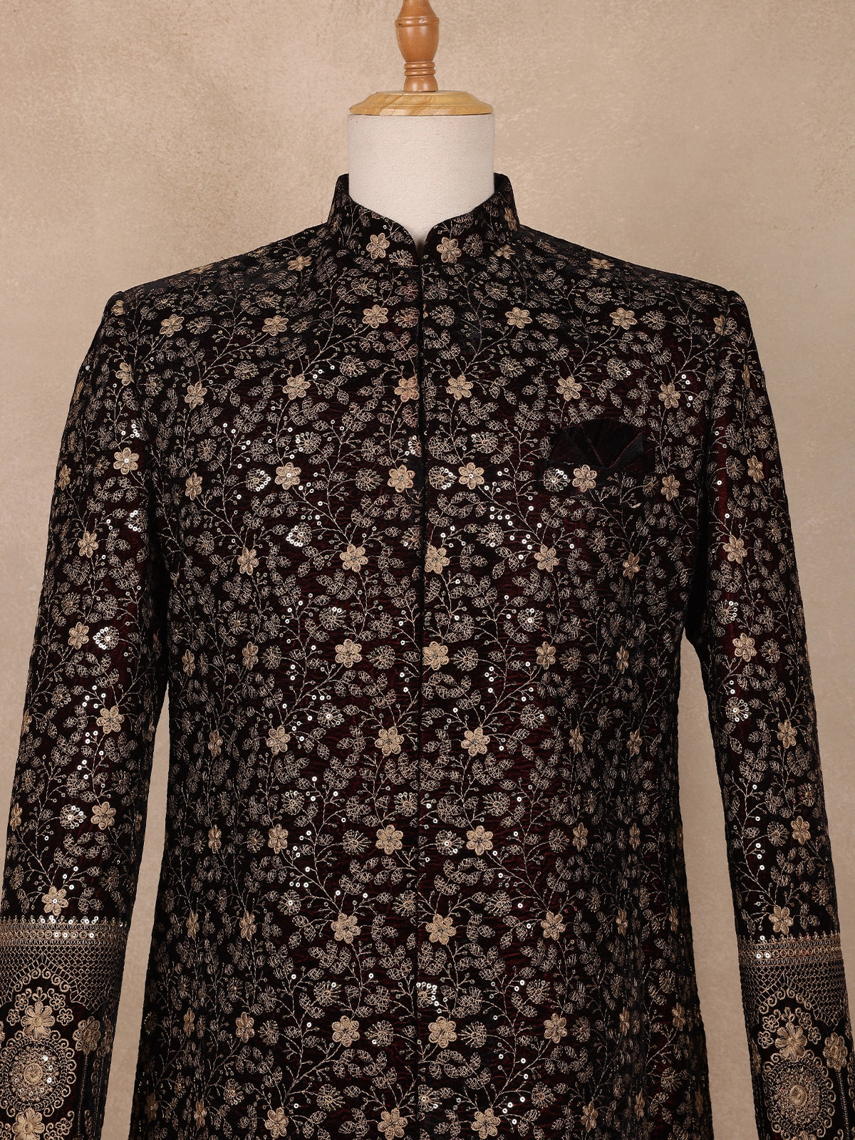 Coffee Brown  Floral Designed Velvet Sherwani Suit