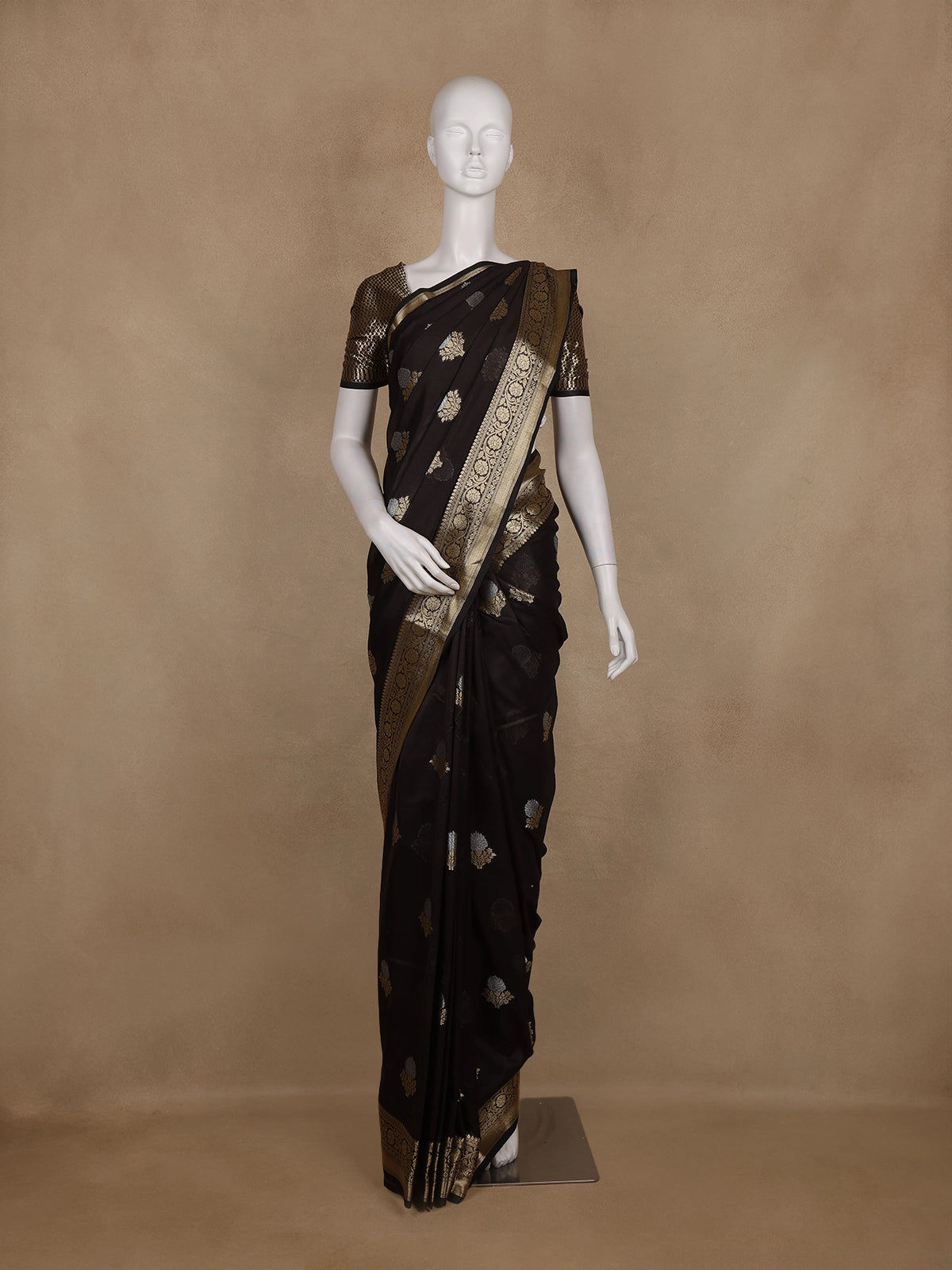 Coffee Brown Floral Motif Design Semi Banarasi Silk Saree