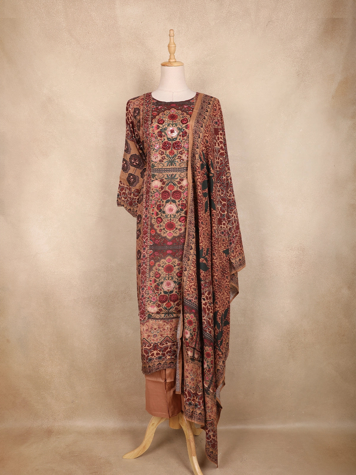 Coffee Brown Kashmiri Floral Printed Design Crepe Straight Cut Salwar Suit with Dupatta