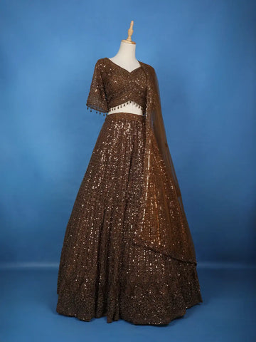 Coffee Brown Sequins And Beads Embellished Net Lehenga With Net Dupatta - Diadem