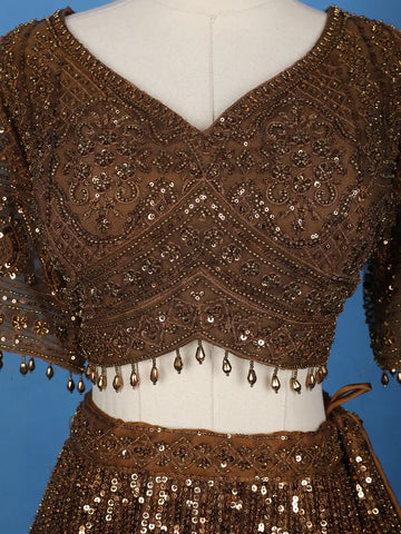 Coffee Brown Sequins And Beads Embellished Net Lehenga With Net Dupatta - Diadem