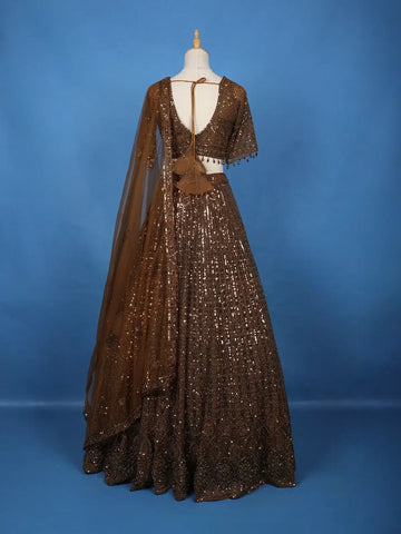 Coffee Brown Sequins And Beads Embellished Net Lehenga With Net Dupatta - Diadem