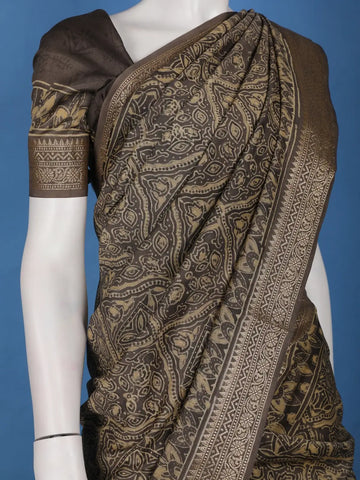 Coffee Brown Floral Design Antique gold zari border Chandheri Cotton Saree - Diadem