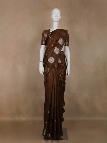Coffee Brown Leaf Motif Woven Banarasi Silk Saree - Diadem
