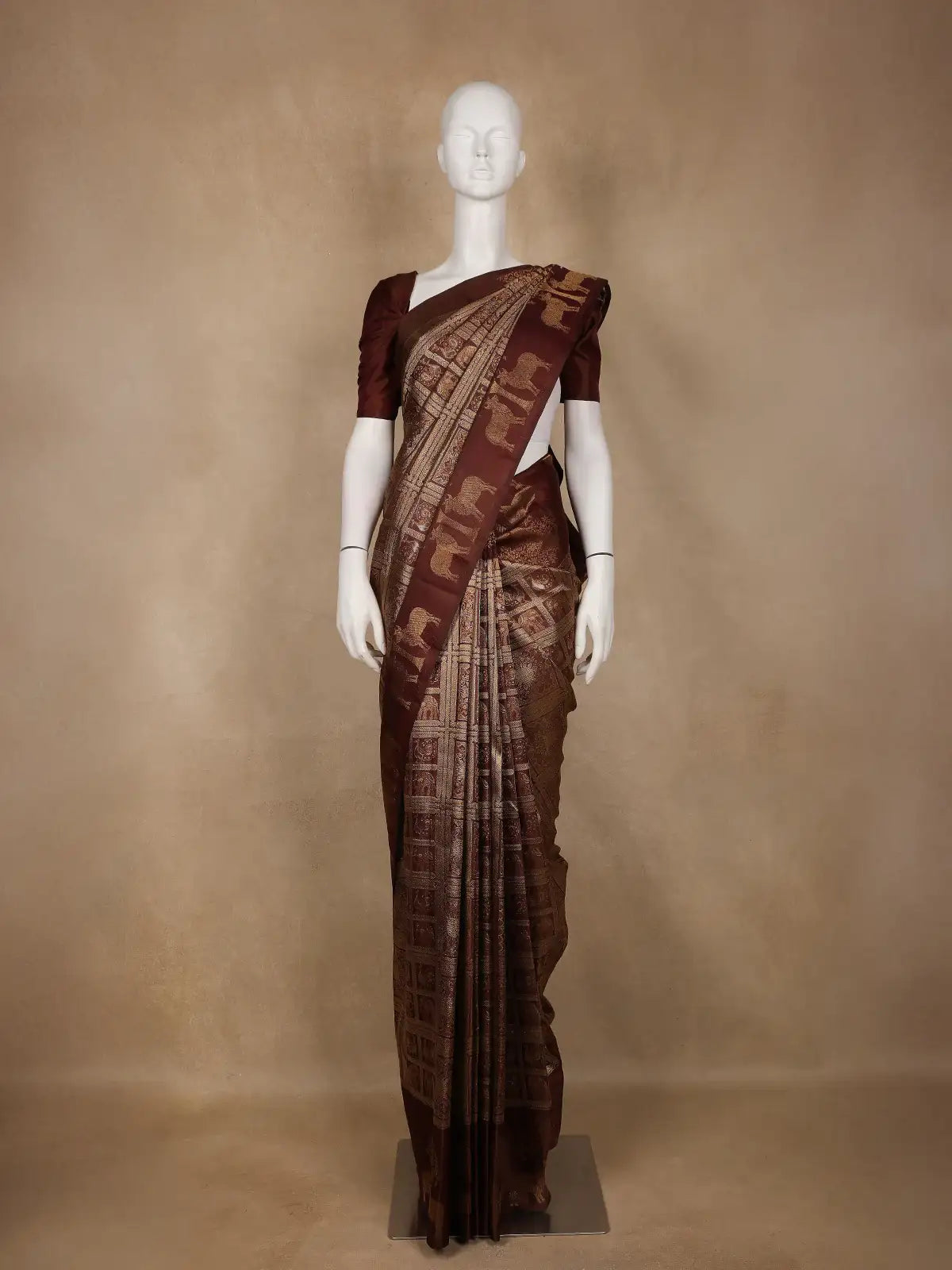 Coffee Brown Peacock Woven Pure Kanchipuram Silk Saree - Diadem