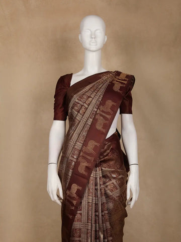 Coffee Brown Peacock Woven Pure Kanchipuram Silk Saree - Diadem