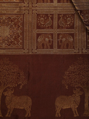 Coffee Brown Peacock Woven Pure Kanchipuram Silk Saree - Diadem