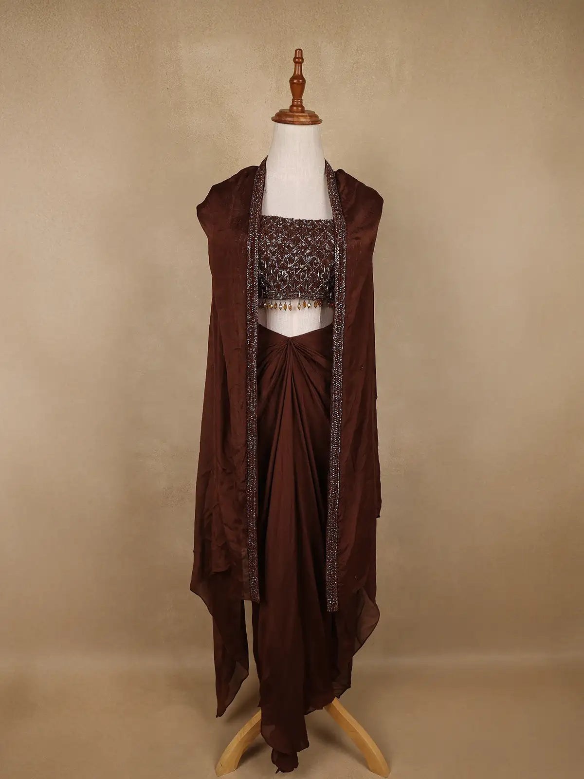 Coffee Brown Sequin Embellished Crop Top with Draped Skirt - Diadem